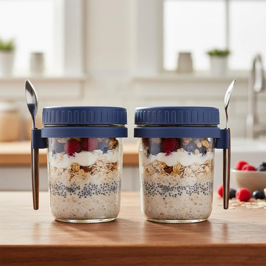Overnight Oats Glass Jar Set (350ml x 2) with Lid & Spoon | Leakproof Meal Prep Containers | Buy 1 Get 1 Free