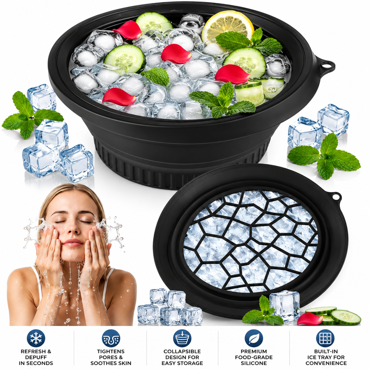 Premium Facial Ice Bath Bowl with Built-In Tray | Collapsible Silicone Face Plunge Tool