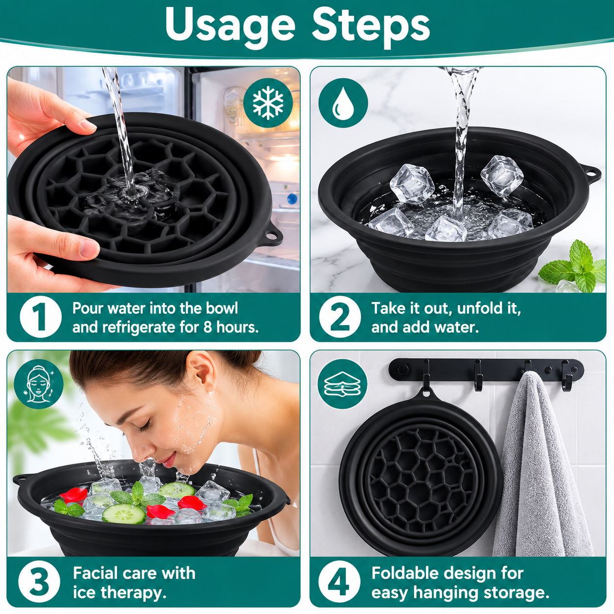 Premium Facial Ice Bath Bowl with Built-In Tray | Collapsible Silicone Face Plunge Tool