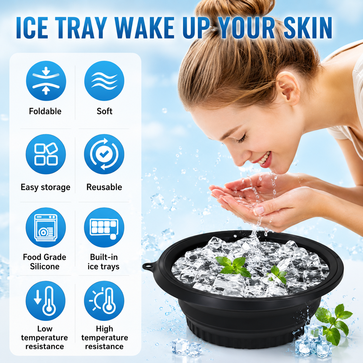 Premium Facial Ice Bath Bowl with Built-In Tray | Collapsible Silicone Face Plunge Tool