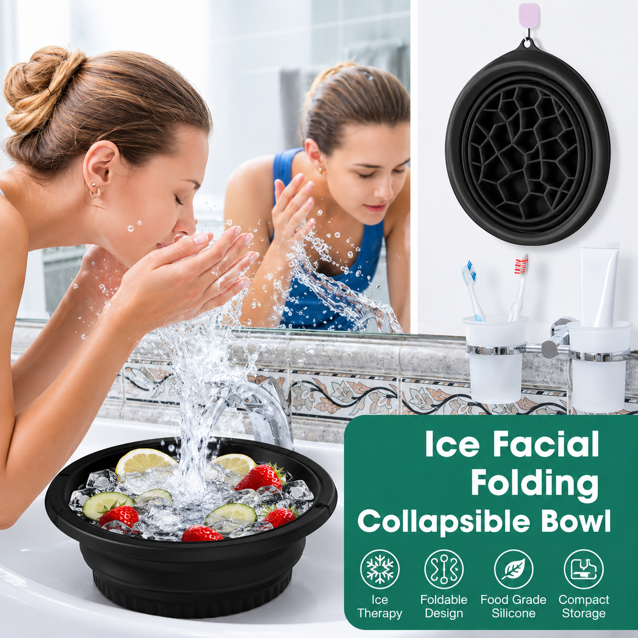 Premium Facial Ice Bath Bowl with Built-In Tray | Collapsible Silicone Face Plunge Tool