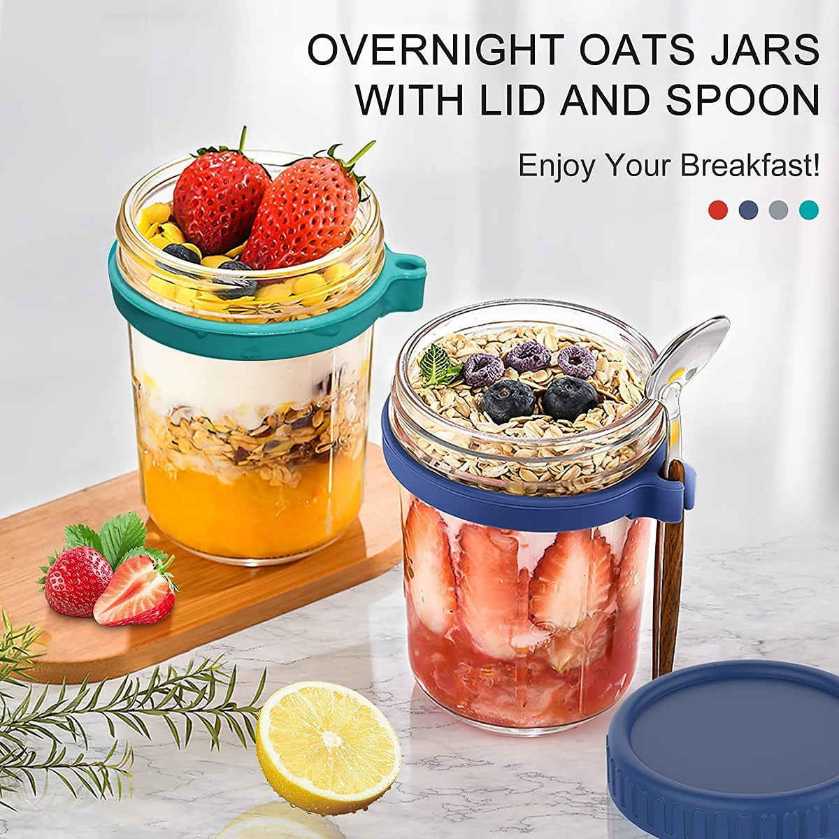 Overnight Oats Glass Jar Set (350ml x 2) with Lid & Spoon | Leakproof Meal Prep Containers | Buy 1 Get 1 Free