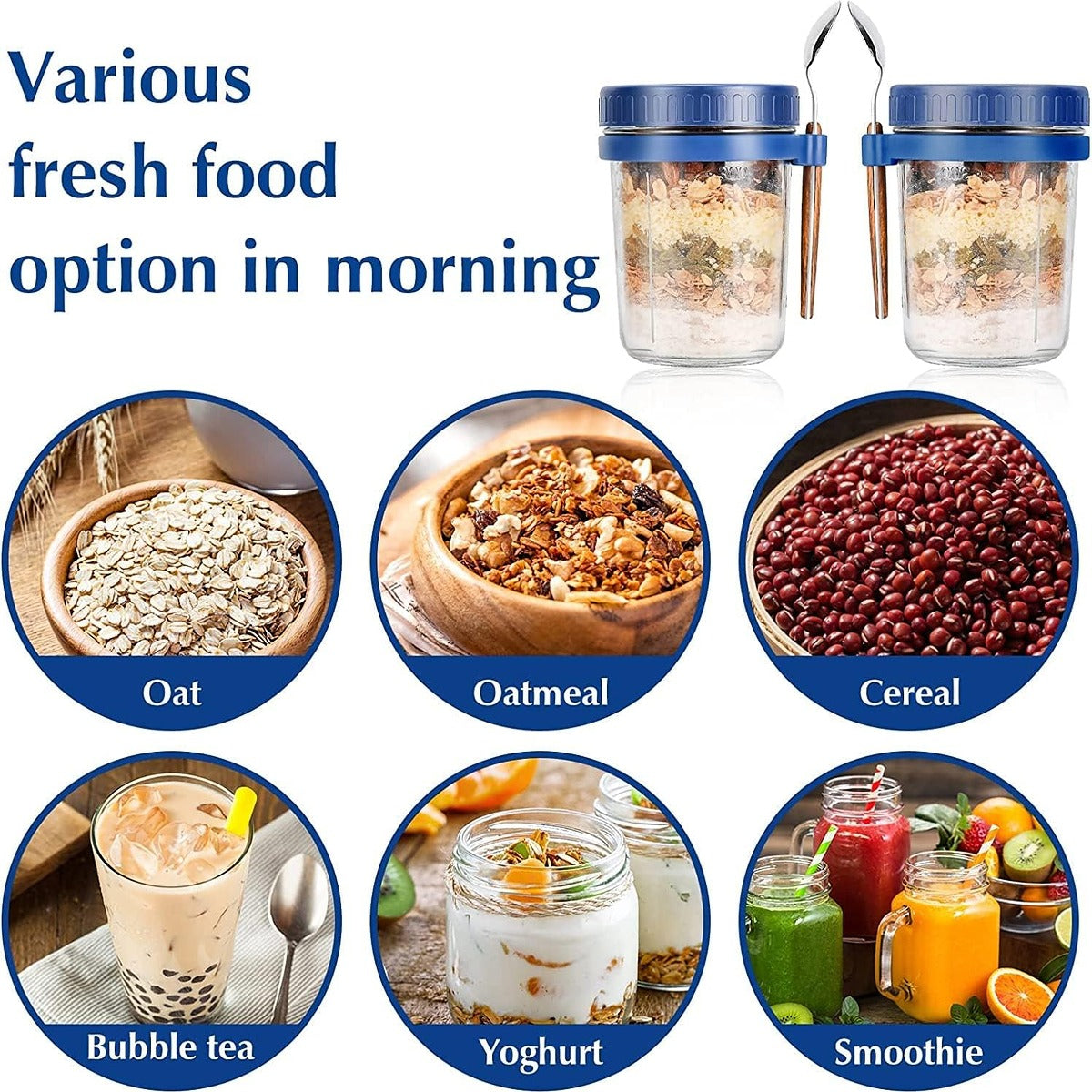 Overnight Oats Glass Jar Set (350ml x 2) with Lid & Spoon | Leakproof Meal Prep Containers | Buy 1 Get 1 Free