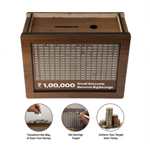 Wooden Piggy Bank Savings Box with Carved Design | DIY Money Saver Coin Bank for Kids & Adults