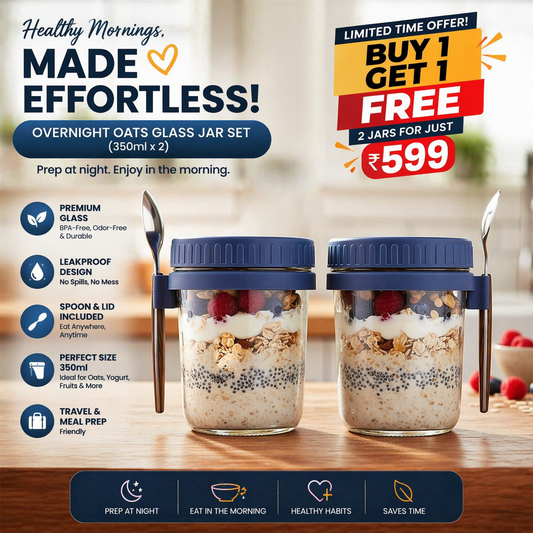 Overnight Oats Glass Jar Set (350ml x 2) with Lid & Spoon | Leakproof Meal Prep Containers | Buy 1 Get 1 Free