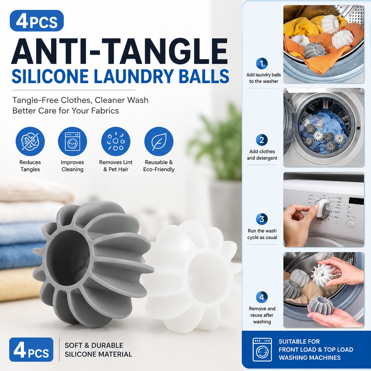 5 Pcs Anti-Tangle Silicone Laundry Balls for Washing Machine