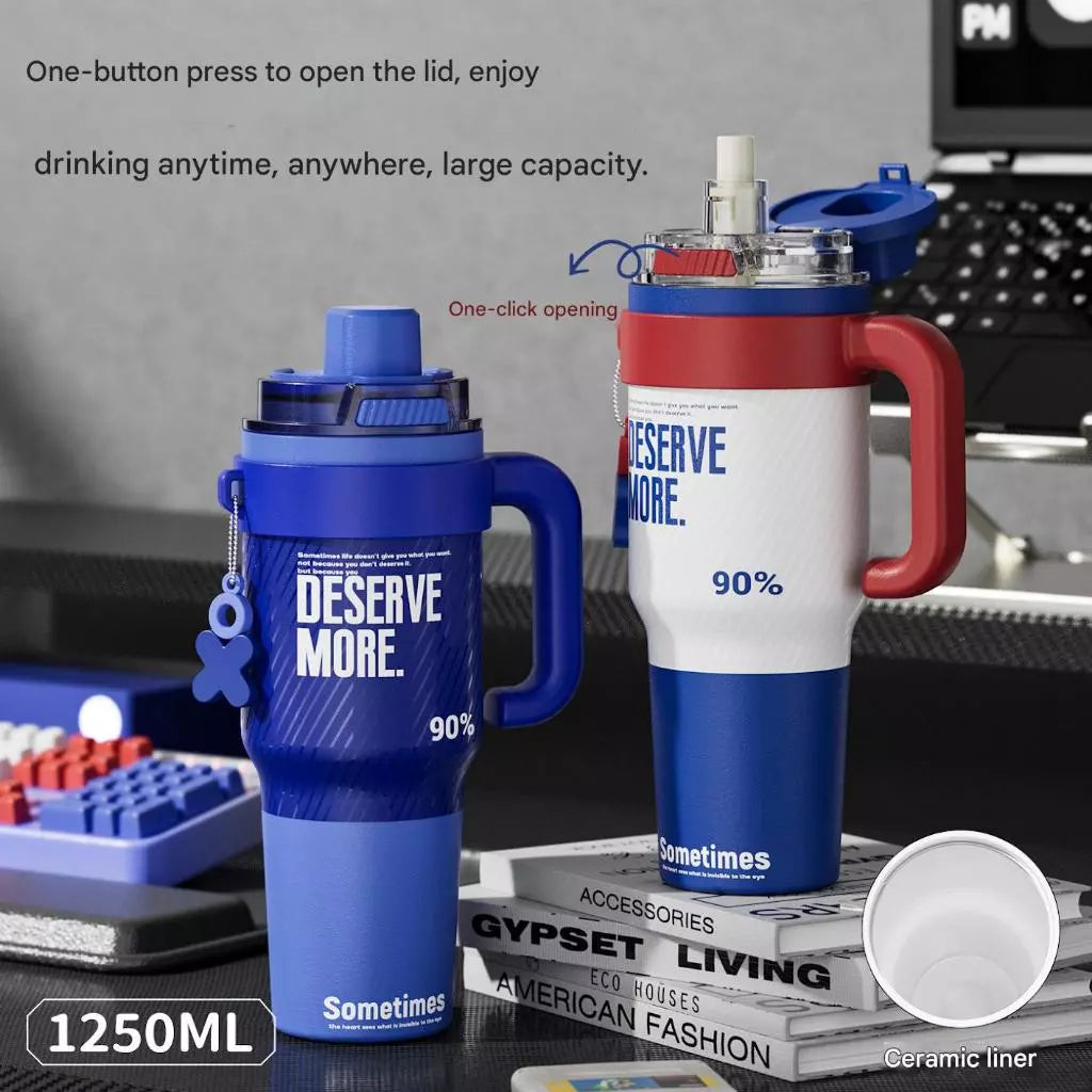 Premium 1250ML Insulated Travel Mug with Handle & Straw | Large Capacity Thermal Tumbler
